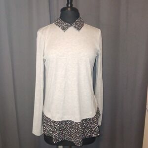 LOFT NWT Soft Gray Long Sleeve Floral Collar Ruffle Hem Top Shirt S